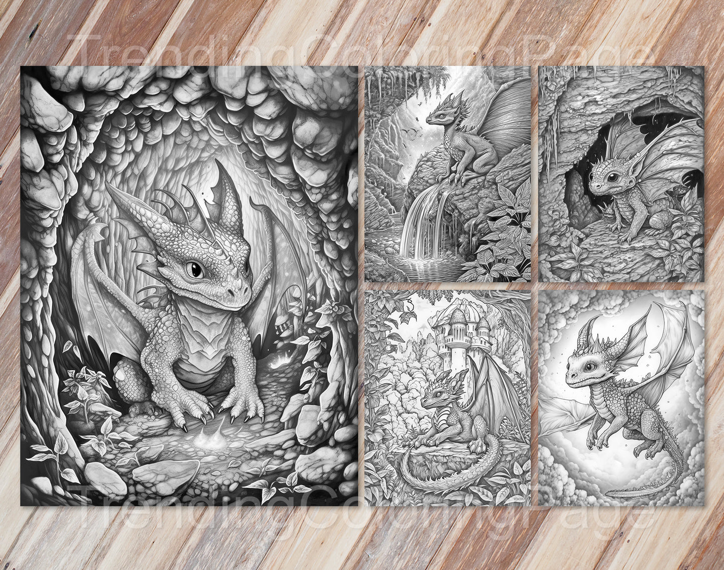 25 Dragonling Dreams Grayscale Coloring Pages - Instant Download - Printable Dark/Light