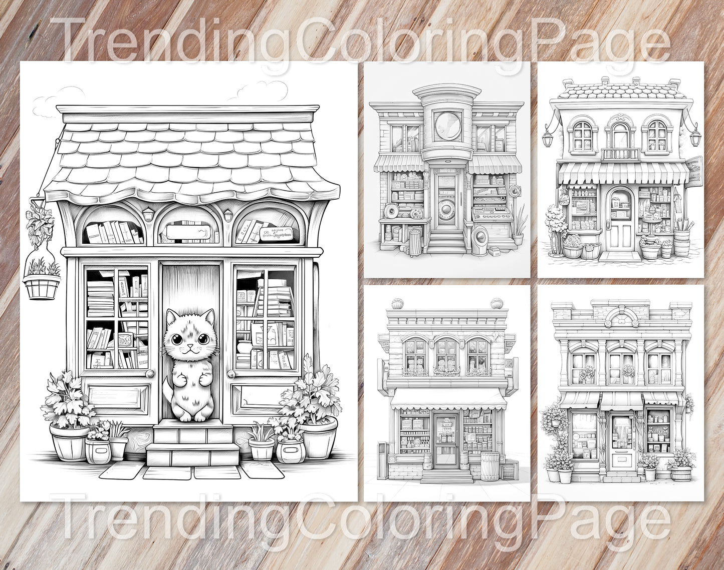 80 Adorable Storefront Grayscale Coloring Pages for Adults and Kids - Instant Download - Printable PDF