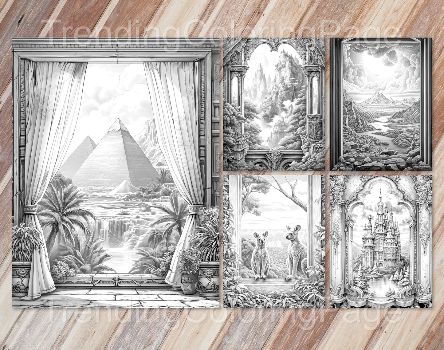 40 Window to Another World 2 Grayscale Coloring Pages- Instant Download - Printable PDF Dark/Light
