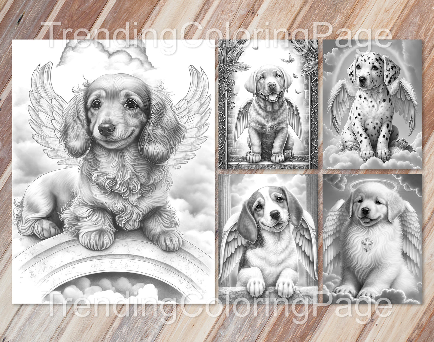 20 Lovely Angel Puppies Grayscale Coloring Pages - Instant Download - Printable PDF Dark/Light