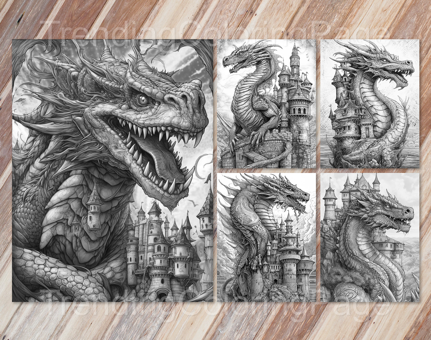 25 Dragon Castle Grayscale Coloring Pages - Instant Download - Printable PDF Dark/Light