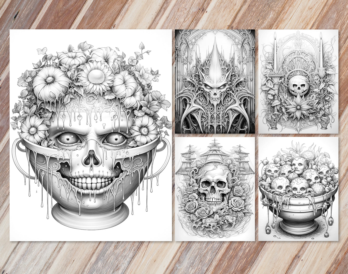 45 Intricate Halloween Grayscale Coloring Pages - Instant Download - Printable PDF Dark/Light