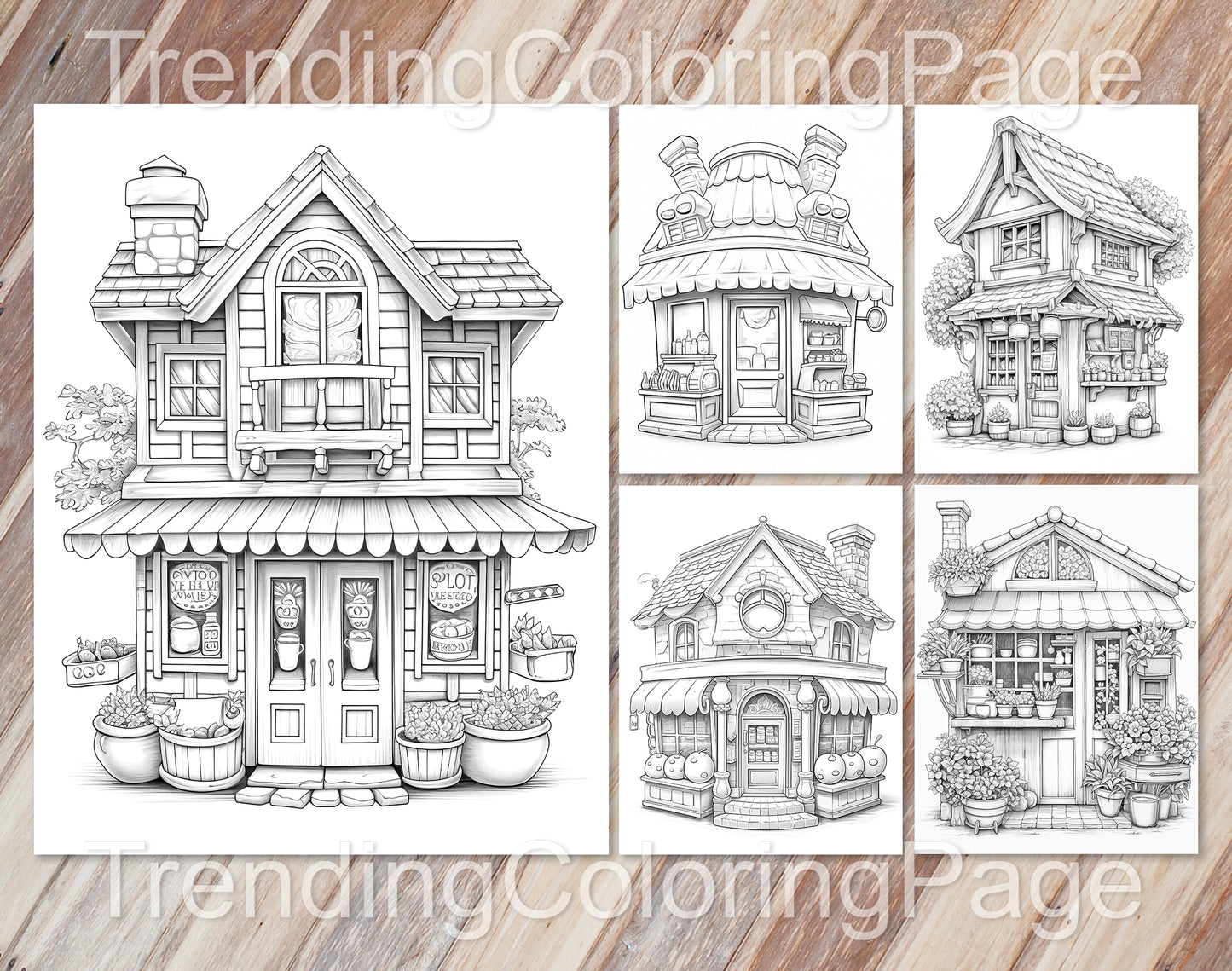 80 Adorable Storefront Grayscale Coloring Pages for Adults and Kids - Instant Download - Printable PDF