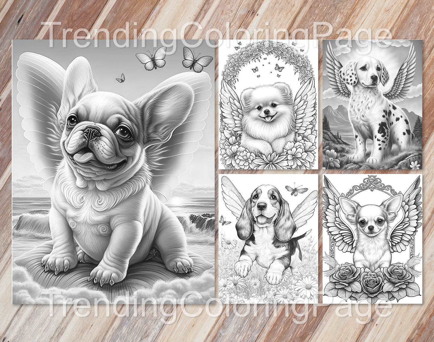 20 Lovely Angel Puppies Grayscale Coloring Pages - Instant Download - Printable PDF Dark/Light