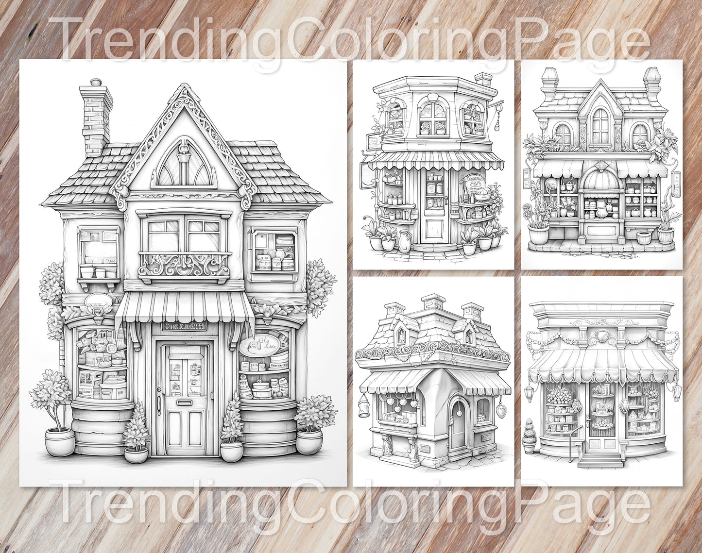 80 Adorable Storefront Grayscale Coloring Pages for Adults and Kids - Instant Download - Printable PDF