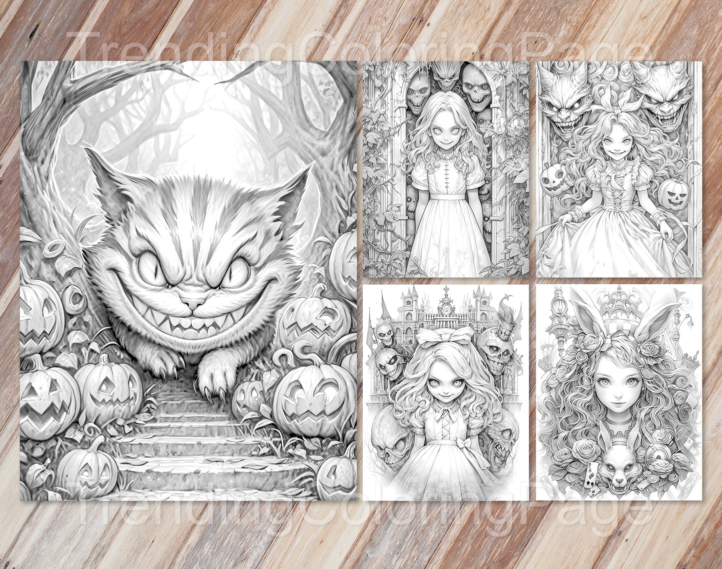 50 Alice in Halloweenland Grayscale Coloring Pages - Halloween Coloring - Instant Download - Printable PDF Dark/Light