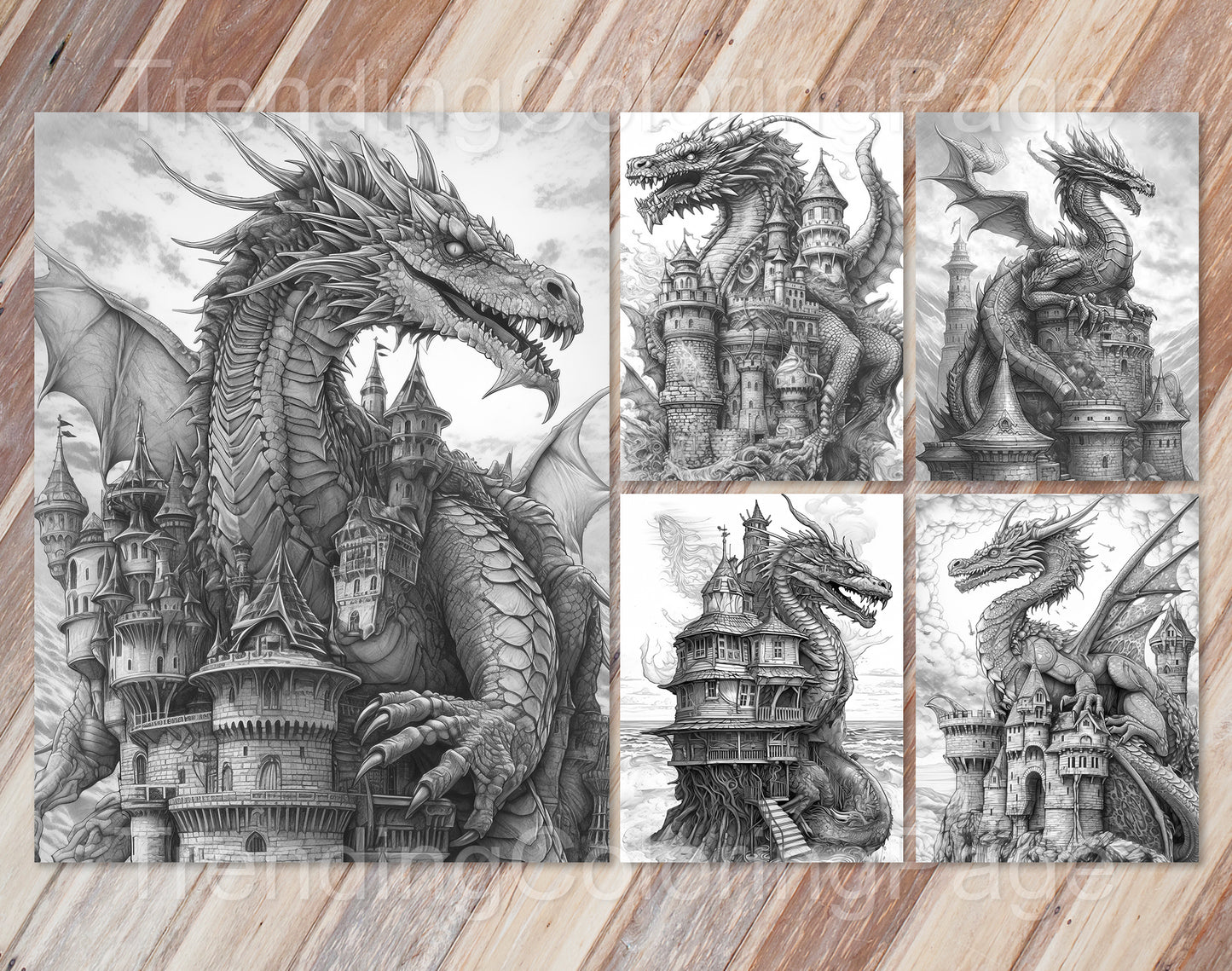 25 Dragon Castle Grayscale Coloring Pages - Instant Download - Printable Dark/Light