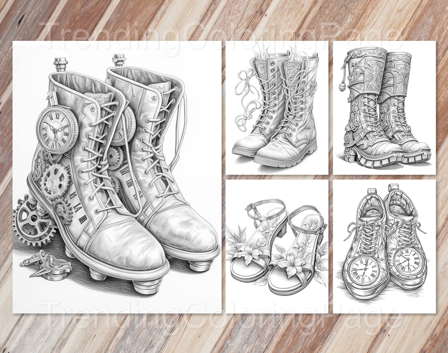 40 Fantasy Shoes Grayscale Coloring Pages - Instant Download - Printable PDF Dark/Light