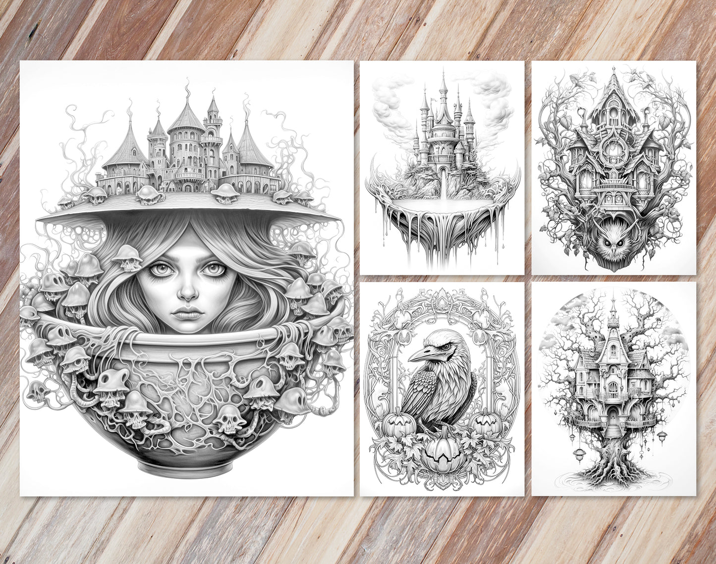 45 Intricate Halloween Grayscale Coloring Pages - Instant Download - Printable PDF Dark/Light