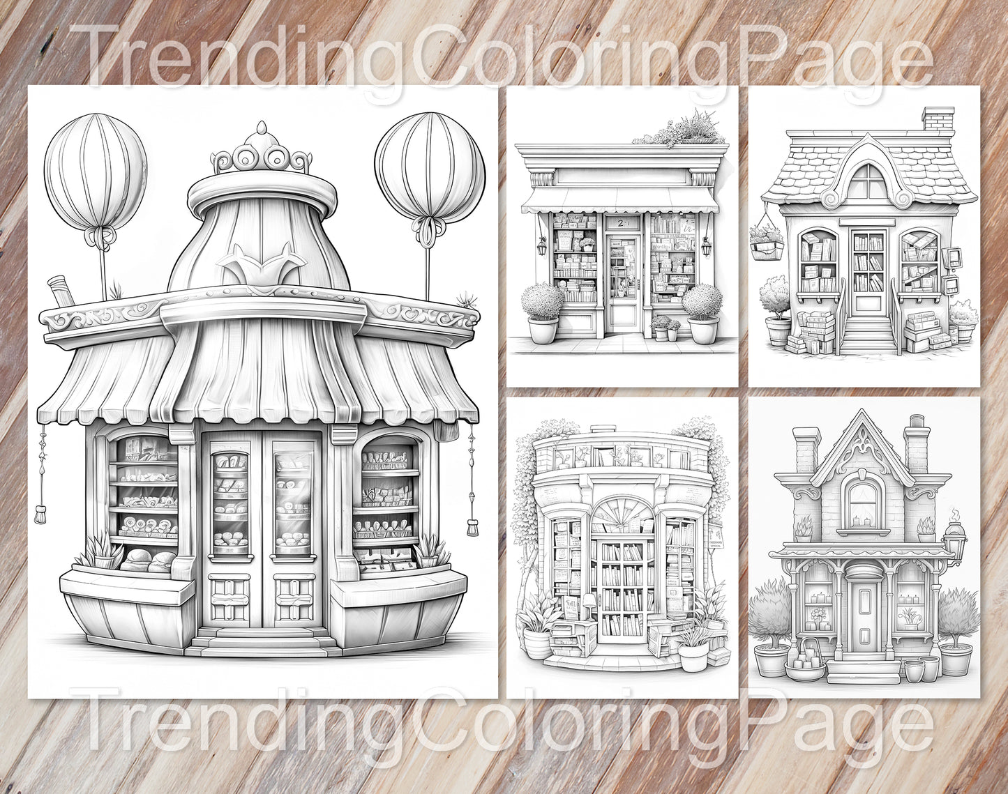 80 Adorable Storefront Grayscale Coloring Pages for Adults and Kids - Instant Download - Printable PDF