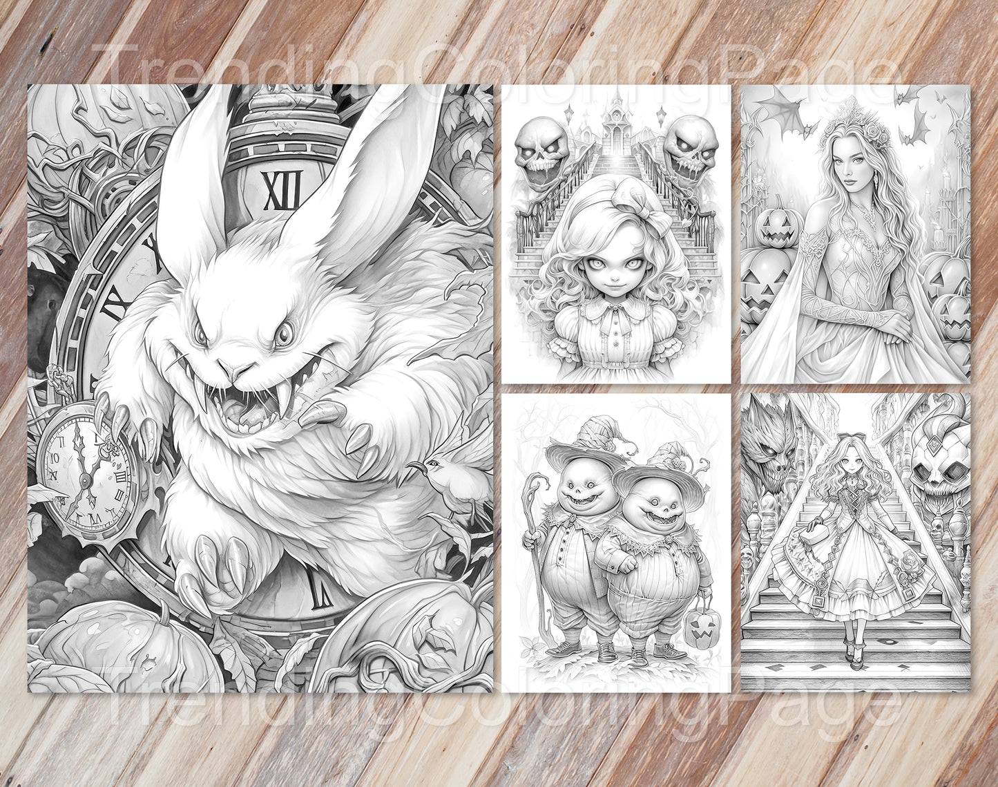 50 Alice in Halloweenland Grayscale Coloring Pages - Halloween Coloring - Instant Download - Printable Dark/Light