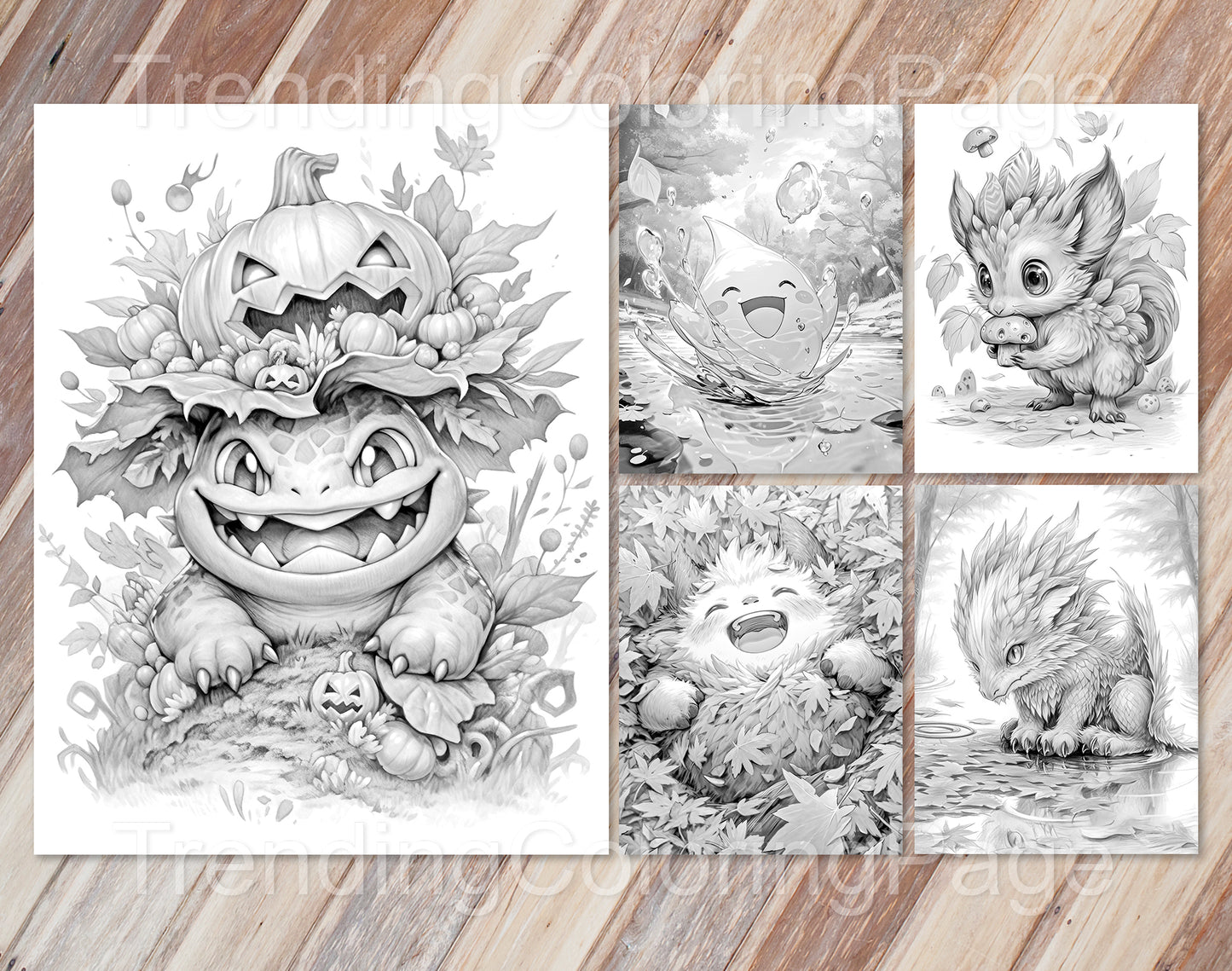 50 Adorable Autumn Monsters Grayscale Coloring Pages - Halloween Coloring - Instant Download - Printable PDF Dark/Light