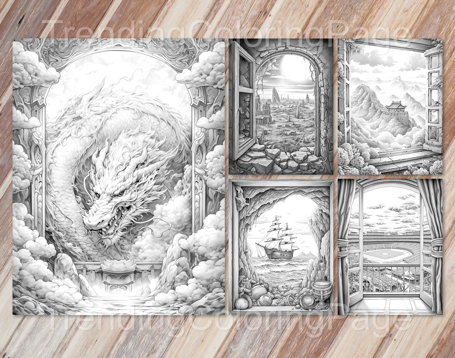 40 Window to Another World 2 Grayscale Coloring Pages- Instant Download - Printable PDF Dark/Light