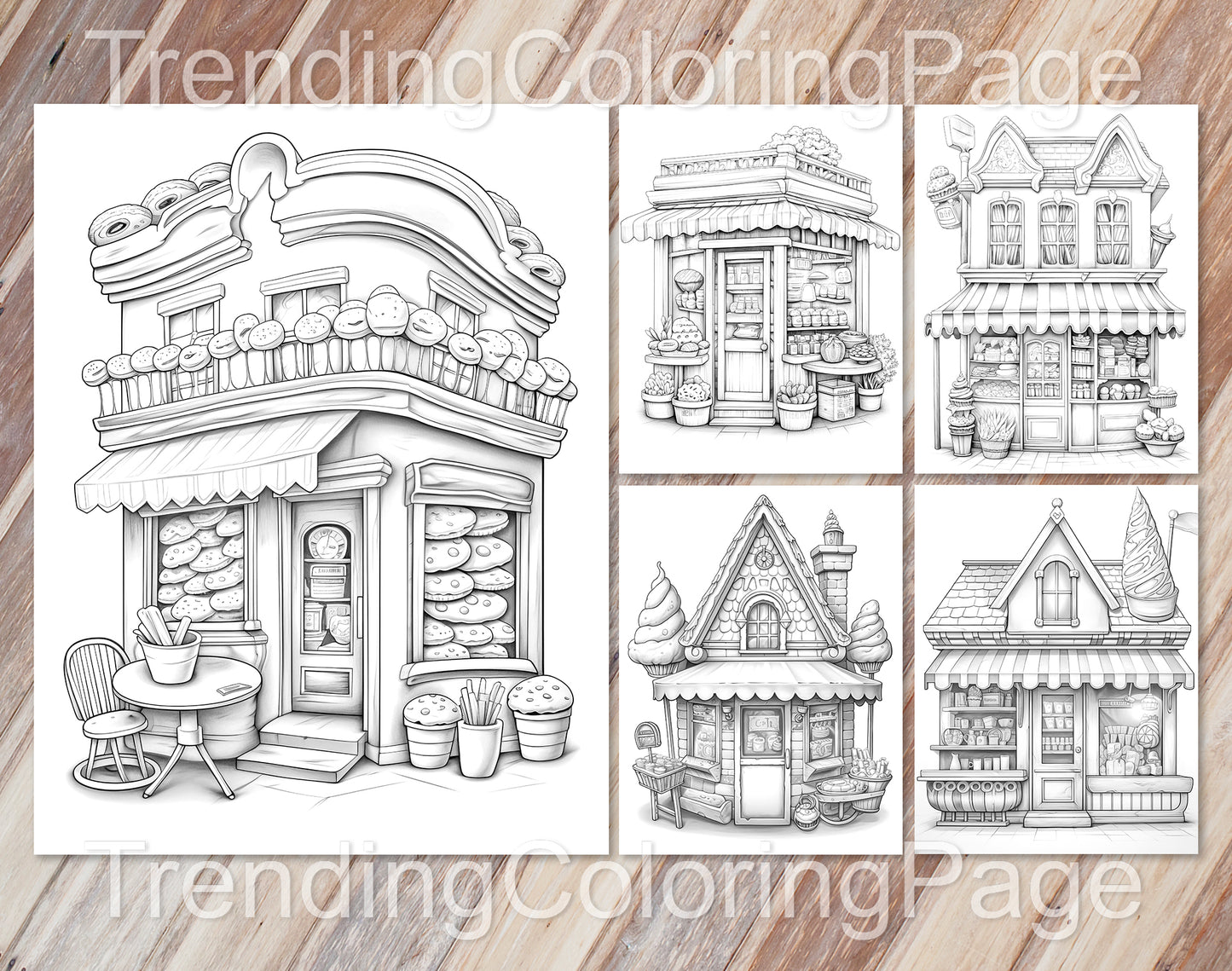 80 Adorable Storefront Grayscale Coloring Pages for Adults and Kids - Instant Download - Printable PDF