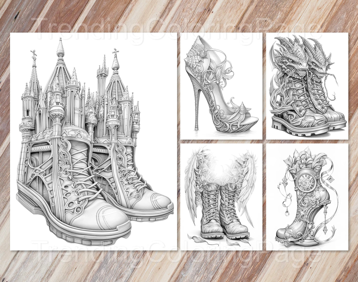 40 Fantasy Shoes Grayscale Coloring Pages - Instant Download - Printable PDF Dark/Light