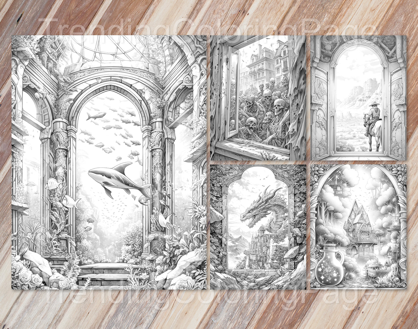 40 Window to Another World 2 Grayscale Coloring Pages- Instant Download - Printable PDF Dark/Light