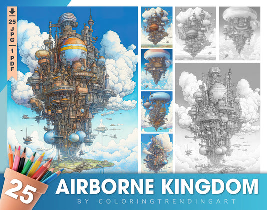 25 Airborne Kingdom Grayscale Coloring Pages for Adults, Kids, Instant Download, Dark/Light Illustration PDF - TrendingColoring