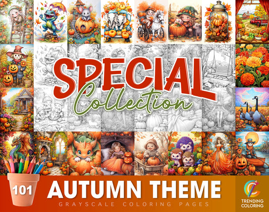 101 Autumn Theme Special Collection Grayscale Coloring Pages - Instant Download - Printable