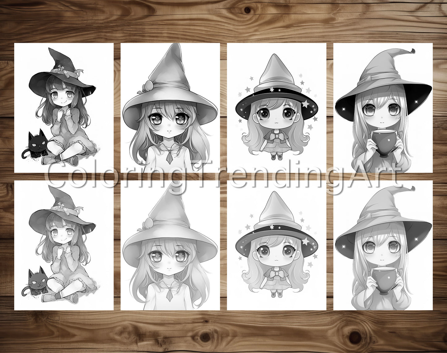 25 Chibi Cute Witch Grayscale Coloring Pages - Instant Download - Printable Dark/Light