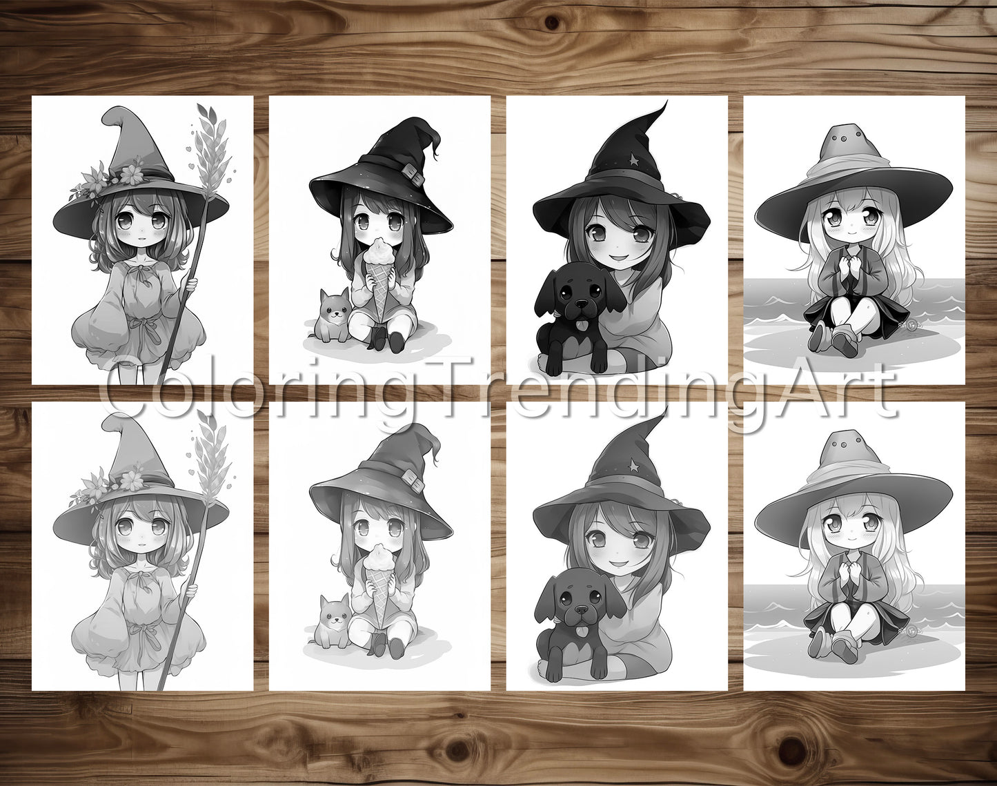 25 Chibi Cute Witch Grayscale Coloring Pages - Instant Download - Printable Dark/Light