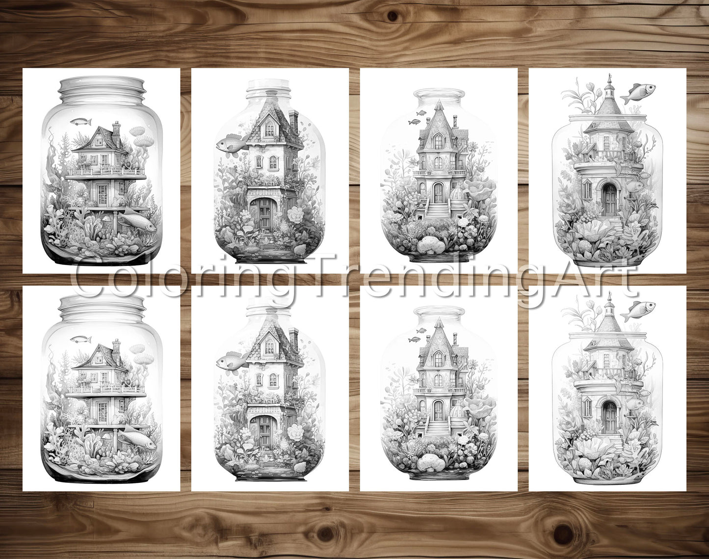 25 Fish House In Jar Grayscale Coloring Pages - Instant Download - Printable PDF Dark/Light
