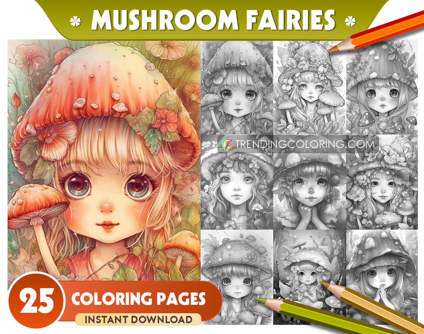 25 Mushroom Fairies Grayscale Coloring Pages - Instant Download - Printable PDF