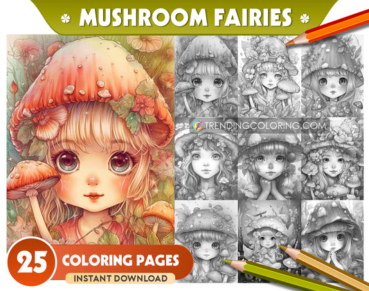 25 Mushroom Fairies Grayscale Coloring Pages - Instant Download - Printable
