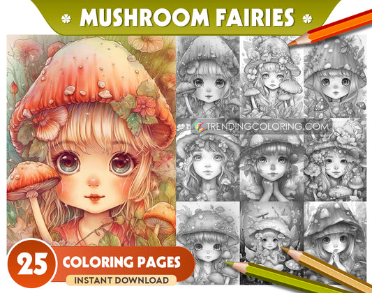 25 Mushroom Fairies Grayscale Coloring Pages - Instant Download - Printable PDF