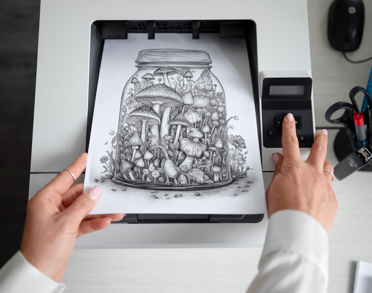 25 Mushroom Forest In Jar Grayscale Coloring Pages - Instant Download - Printable PDF Dark/Light