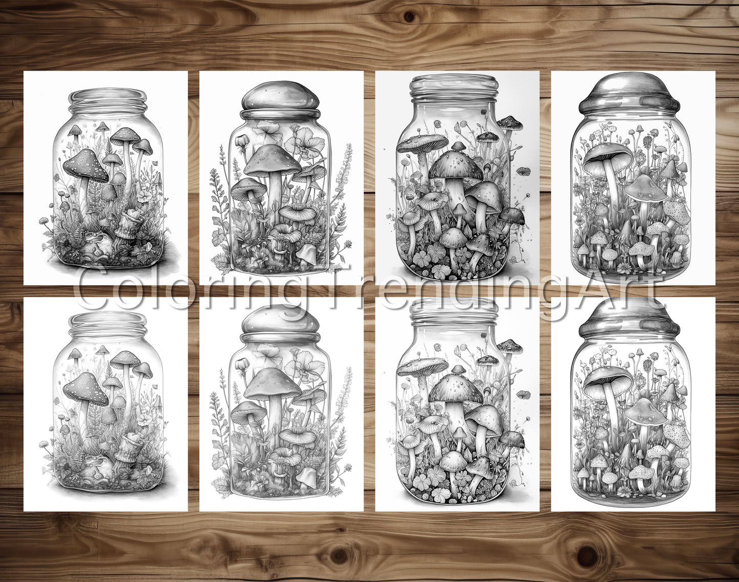 25 Mushroom Forest In Jar Grayscale Coloring Pages - Instant Download - Printable Dark/Light