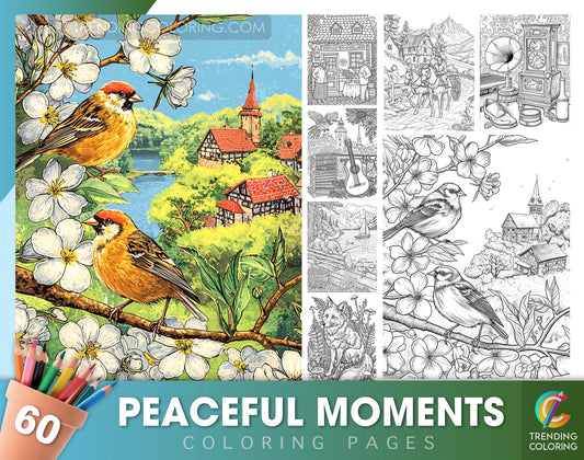 A collection of coloring pages from the 'Peaceful Moments Coloring Pages for Experienced Adults and Seniors