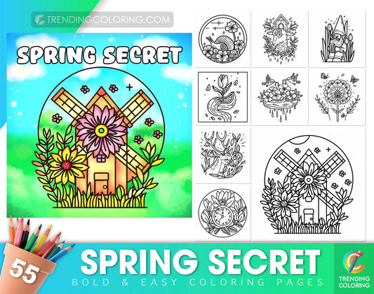 55 Spring Secret Bold & Easy Coloring Pages - PDF Download