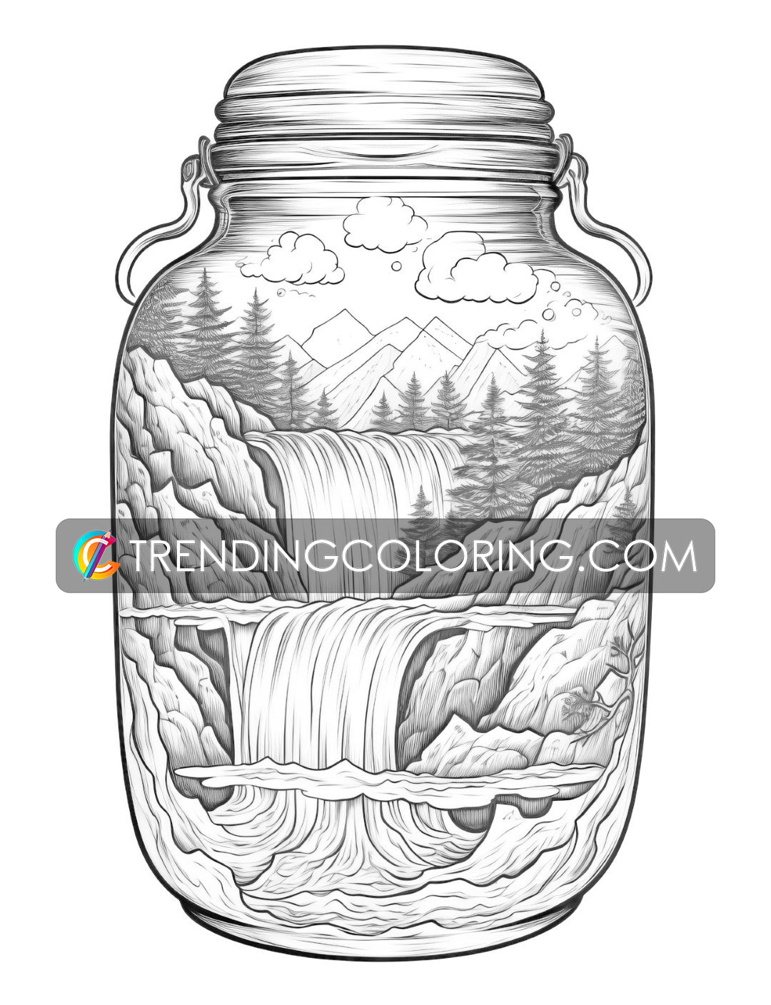 Free In Jar Coloring Pages - Fairy House, Animal, Girl, Waterfall, Mushroom - Printable PDF
