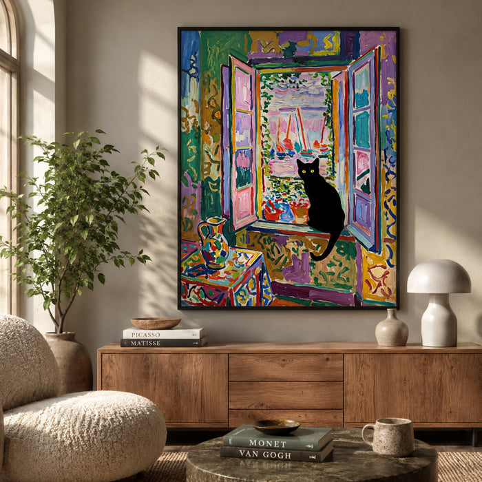 Black Cat at the Harbor Window Wall Art Decor