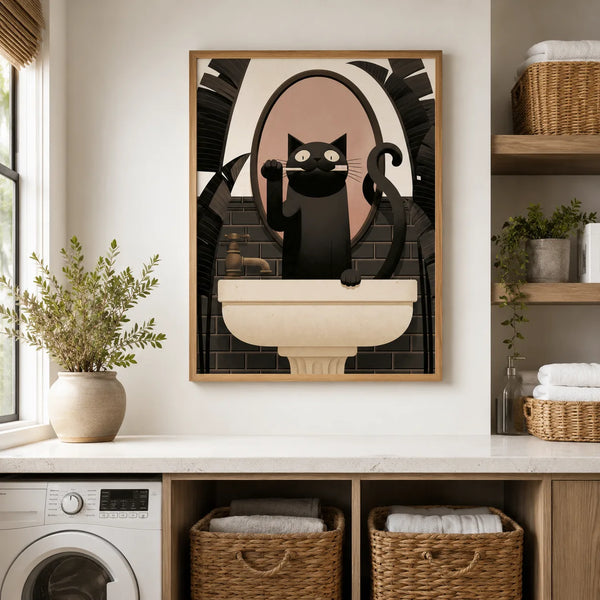 Black Cat Brushing Teeth Wall Art Decor