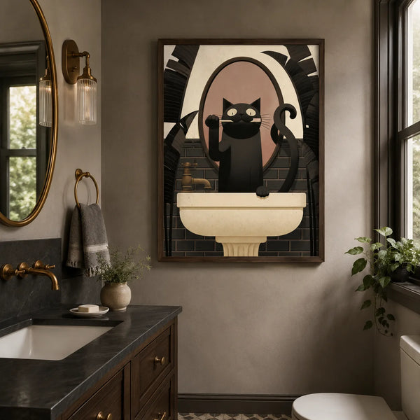 Black Cat Brushing Teeth Wall Art Decor
