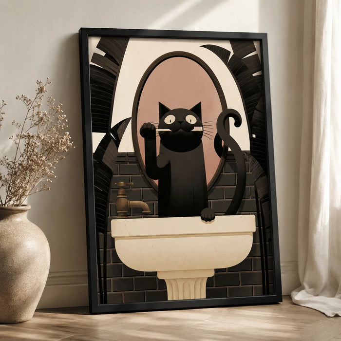 Black Cat Brushing Teeth Wall Art Decor