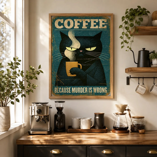 Black Cat Coffee Humor Wall Art Decor