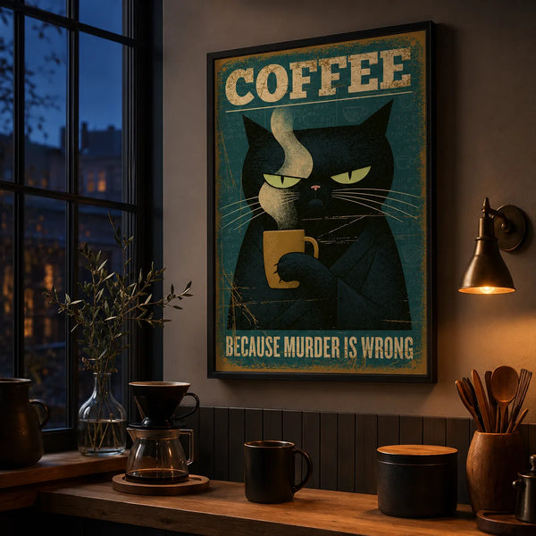 Black Cat Coffee Humor Wall Art Decor