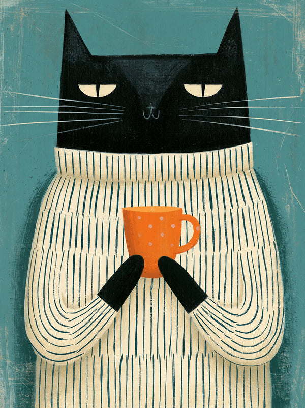 Black Cat Holding Coffee Wall Art Decor