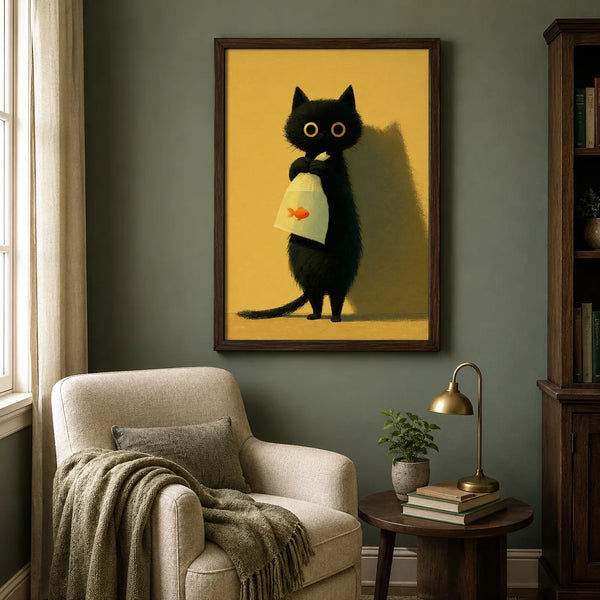 Black Cat Holding Goldfish Wall Art Decor