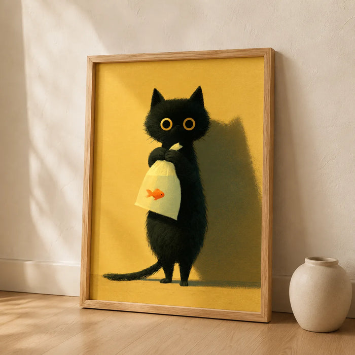 Black Cat Holding Goldfish Wall Art Decor