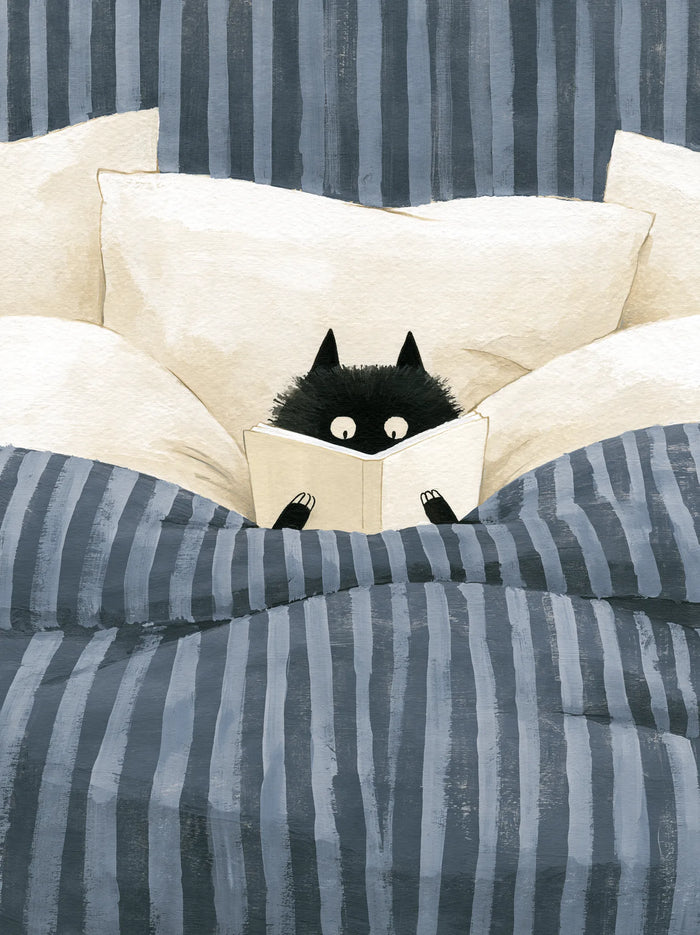 Black Cat Reading in Bed Wall Art Decor