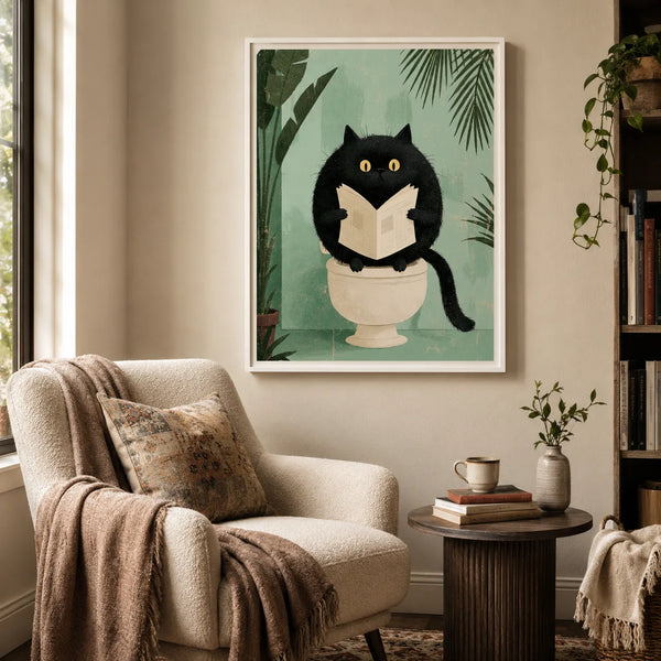 Black Cat Reading on Toilet Wall Art Decor