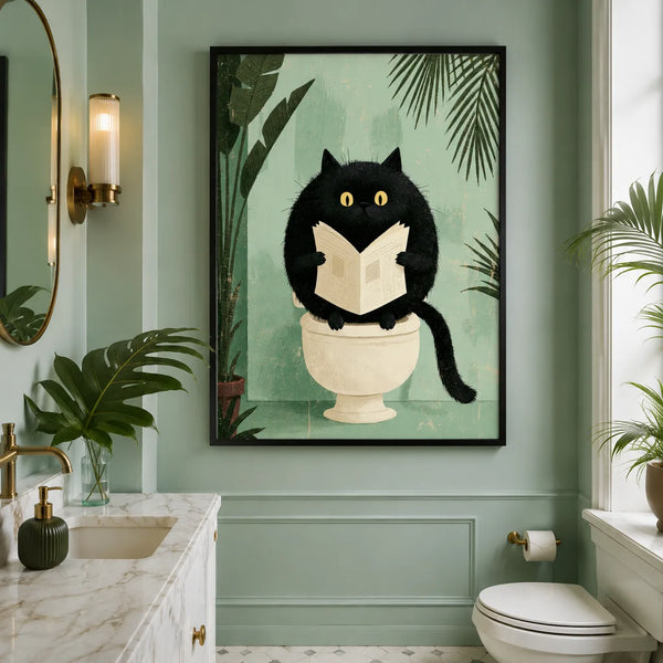 Black Cat Reading on Toilet Wall Art Decor