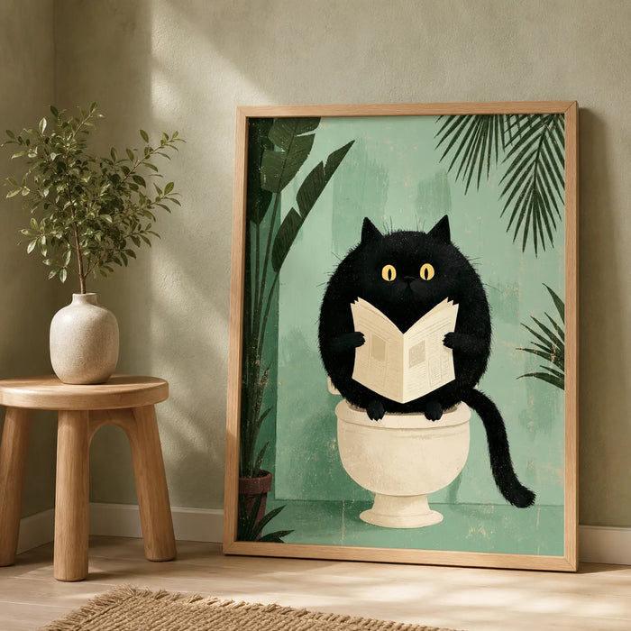 Black Cat Reading on Toilet Wall Art Decor