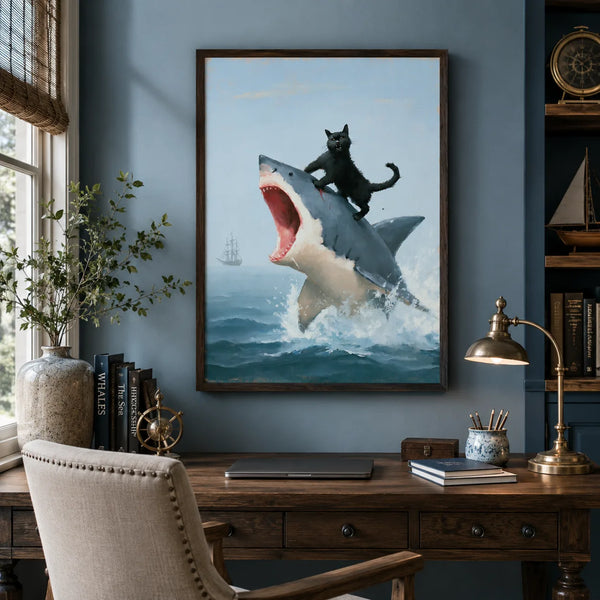 Black Cat Riding Shark Wall Art Decor