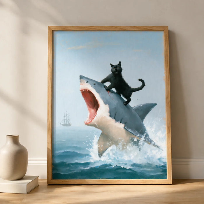 Black Cat Riding Shark Wall Art Decor