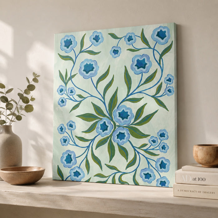 Blue Folk Floral Botanical Wall Art Decor