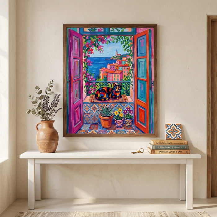Calico Cat at the Riviera Window Wall Art Decor